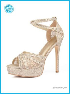 Peep Toe Platform Stiletto Heels with Rhinestones and Ankle Strap